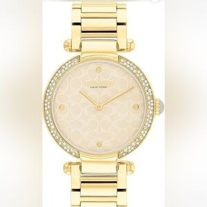 New! Coach Gold-Tone Crystal Accent Signature Pattern Bracelet Watch